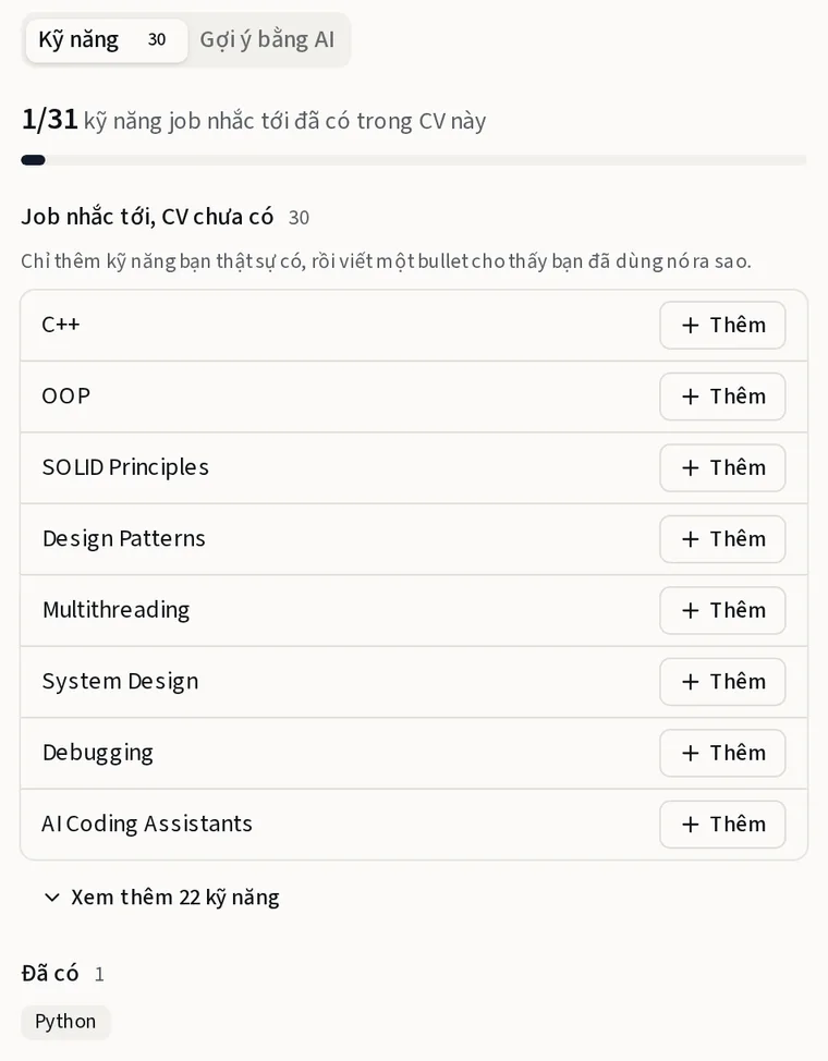 Danh sách kỹ năng job yêu cầu mà CV chưa có, mỗi dòng có nút Thêm